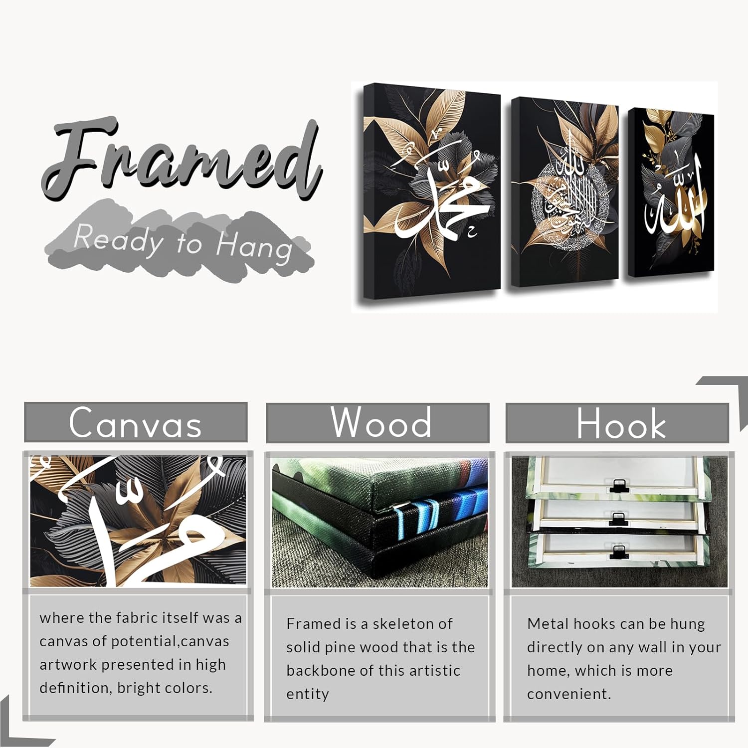 Premium Islamic Calligraphy Wooden Wall Frame Set (3 Pieces)