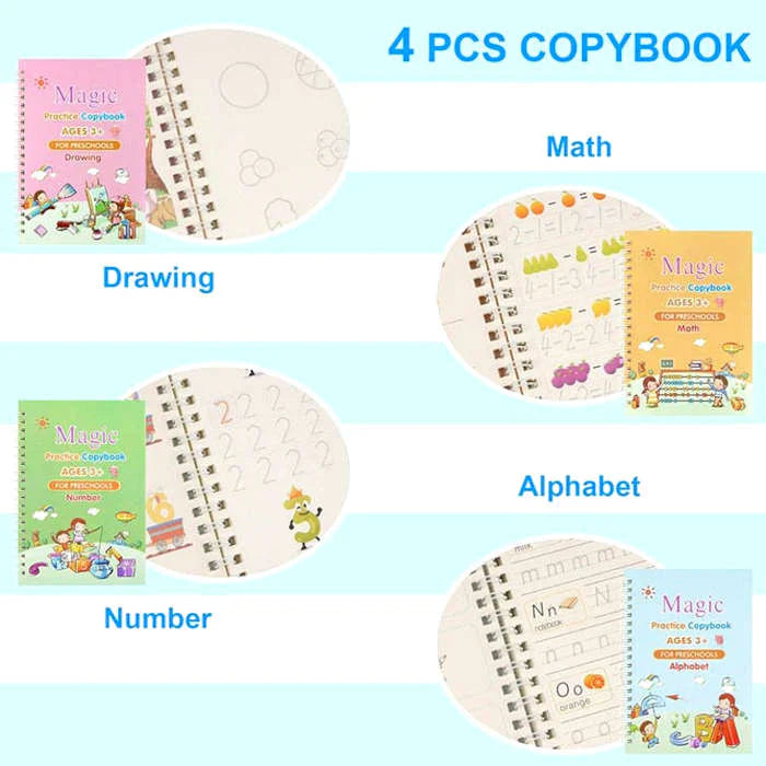 Kids Magic Practice Copybook Set – Reusable Writing & Learning Kit (4 Books)