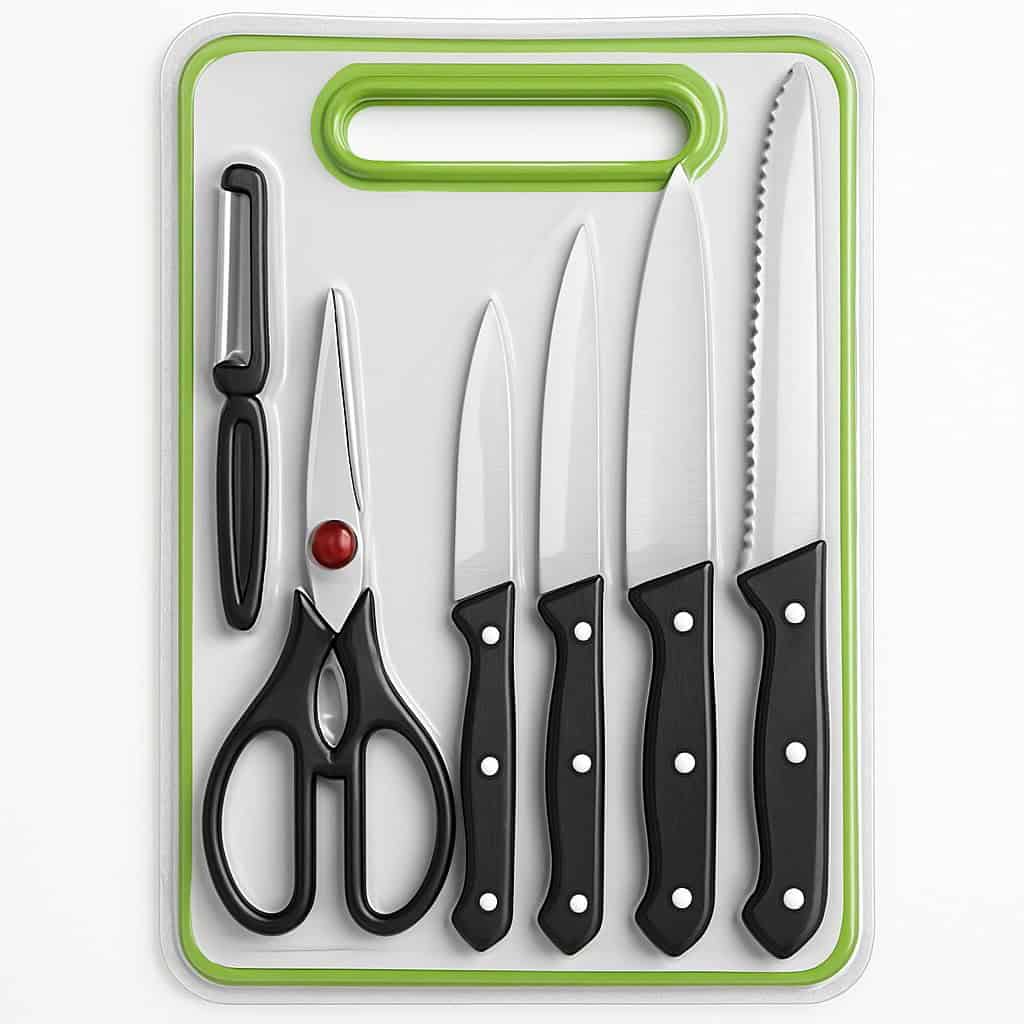 6 in 1 Kitchen Knife Set with Scissors, Peeler & Cutting Board